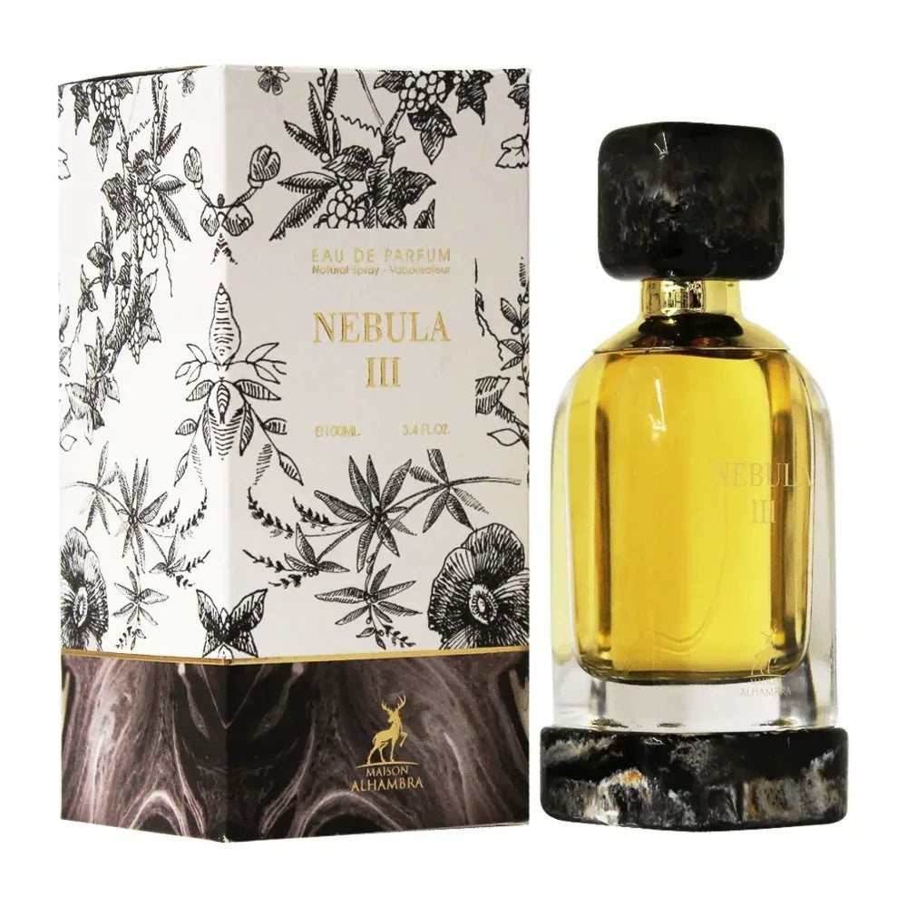 Parfum Alhambra Nebula III Maison Alhambra 100 ml sticlă și cutie pe fundal alb