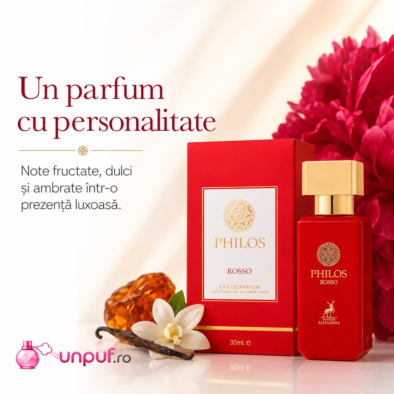 Alhambra Philos Rosso parfum cu personalitate, note fructate dulci și ambrate &icirc;ntr-o prezență luxoasă