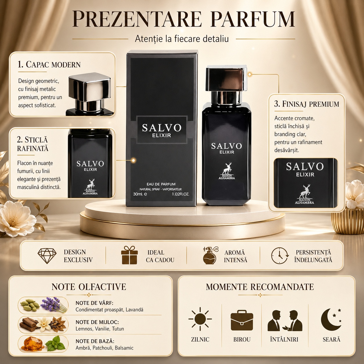 Alhambra Salvo Elixir note olfactive grapefruit cardamom nucșoară scorțișoară lavandă ambră patchouli lemn dulce și vetiver