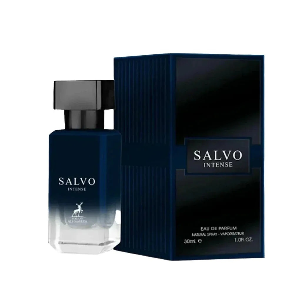 Produs real Alhambra Salvo Intense 30 ml cu sticlă albastră și cutie Maison Alhambra