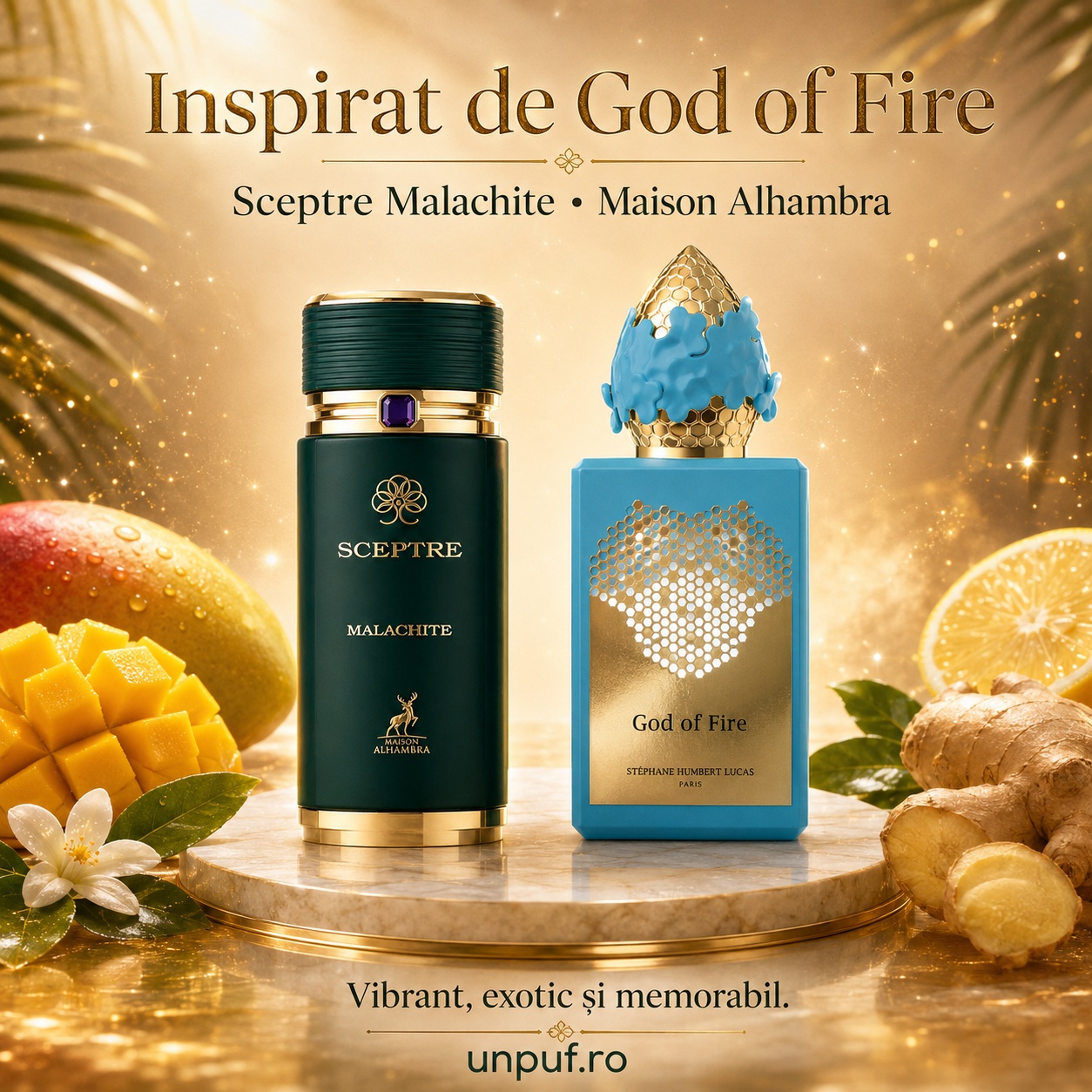 Parfum Alhambra Sceptre Malachite inspirat de God of Fire, vibrant, exotic și memorabil
