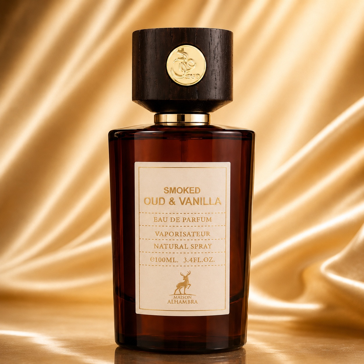 Sticlă parfum Alhambra Smoked Oud & Vanilla Maison Alhambra 100 ml pe fundal auriu premium