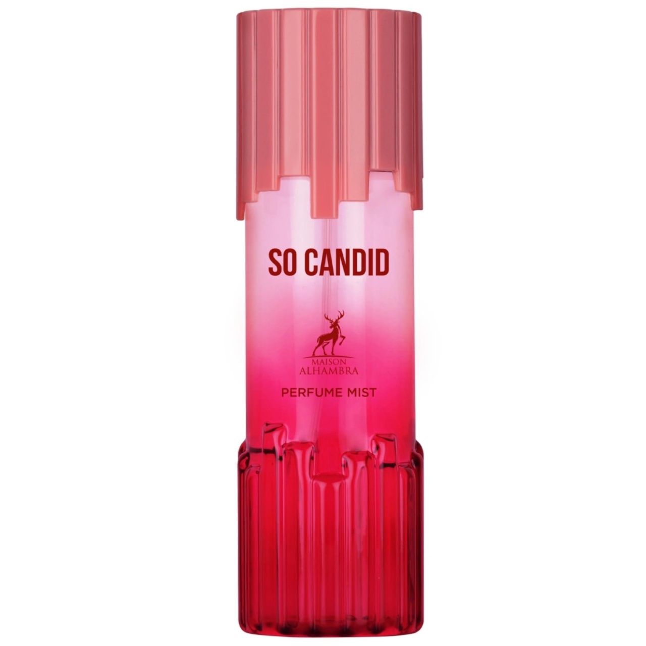 Alhambra So Candid Body Mist 250ml, flacon roz pe fundal alb, spray parfumat de damă