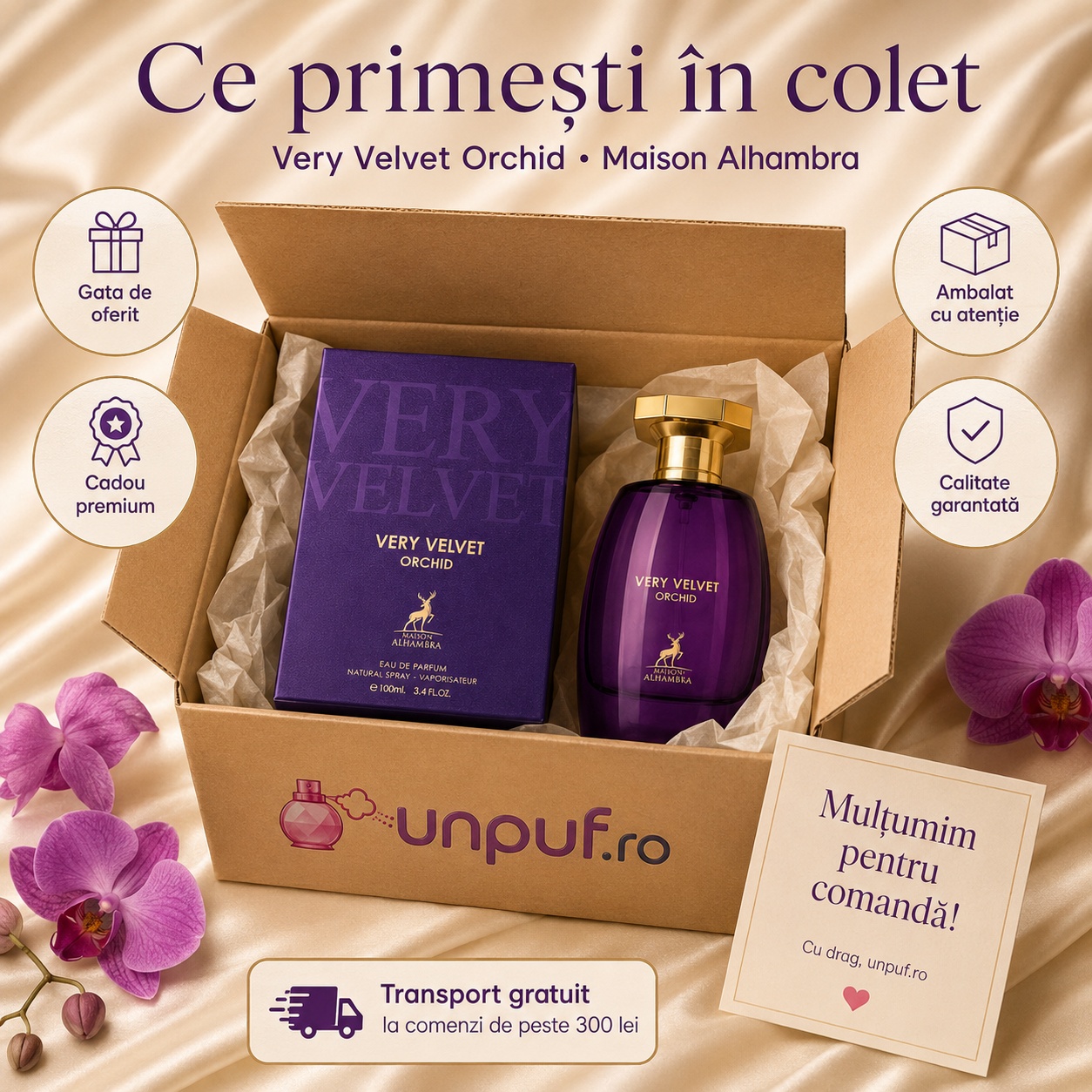 Ce primești în colet Parfum Alhambra Very Velvet Orchid Maison Alhambra 100 ml ambalat cu atenție