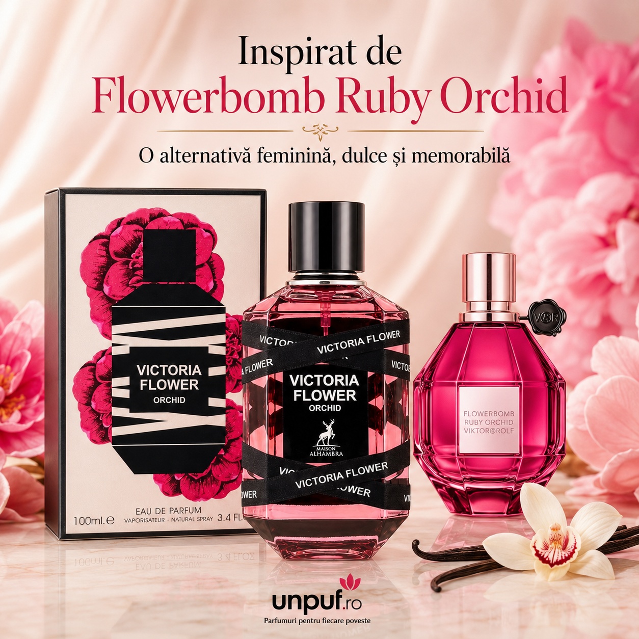 Parfum Alhambra Victoria Flower Orchid inspirat de Flowerbomb Ruby Orchid, alternativă feminină dulce și memorabilă