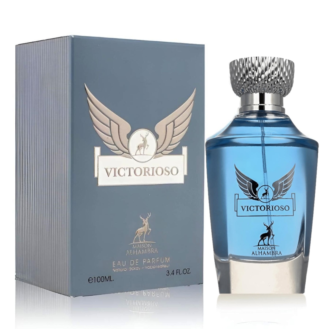 Parfum Alhambra Victorioso Maison Alhambra 100 ml sticlă și cutie pe fundal alb