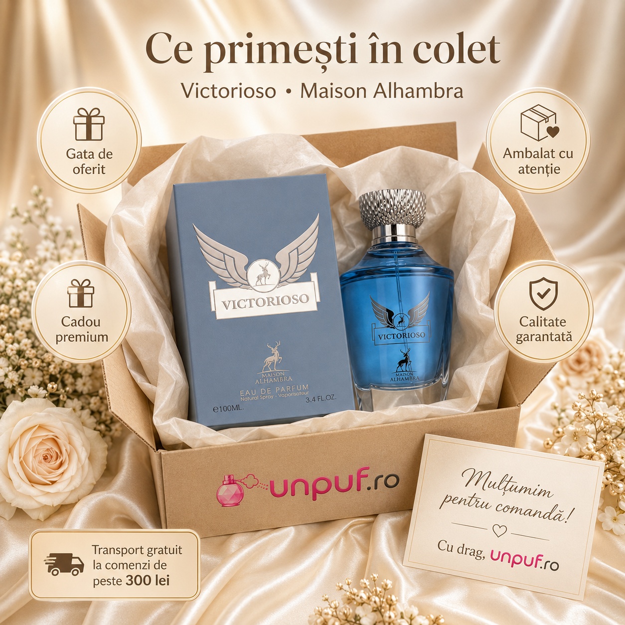 Ce primești &icirc;n colet Parfum Alhambra Victorioso Maison Alhambra 100 ml ambalat cu atenție pentru cadou premium