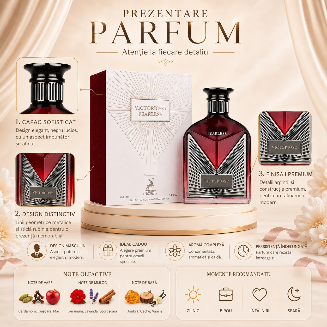 Prezentare parfum Alhambra Victorioso Fearless cu flacon, cutie premium, note olfactive și momente recomandate