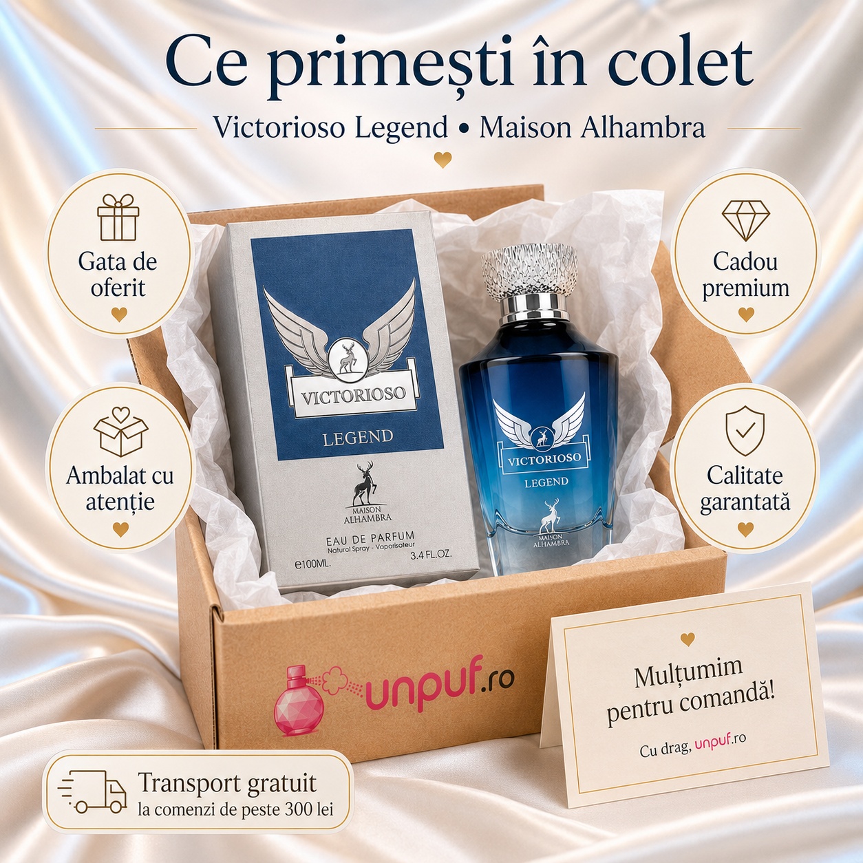 Ce primești în colet Parfum Alhambra Victorioso Myth Maison Alhambra 100 ml ambalat cu atenție
