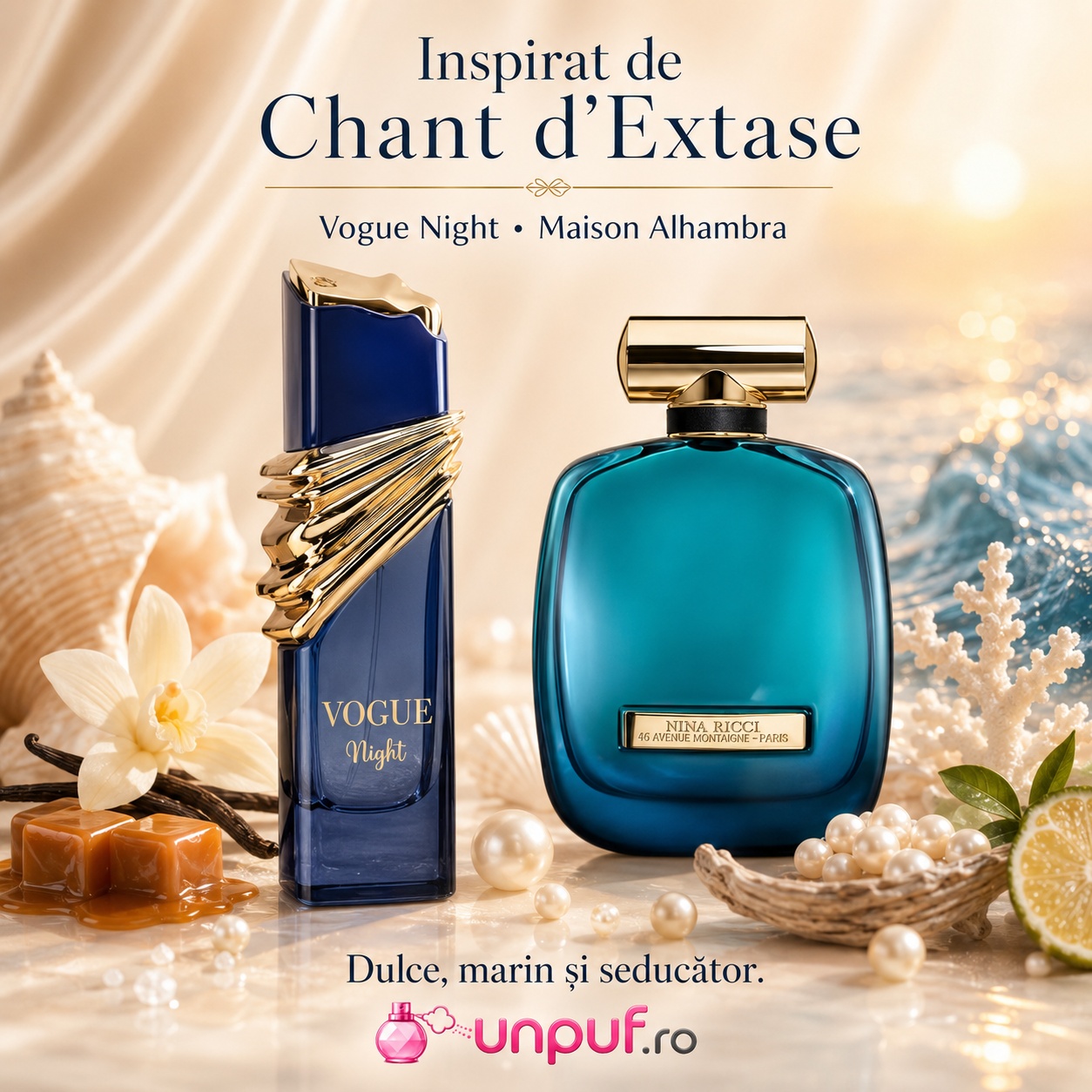 Parfum Alhambra Vogue Night inspirat de Chant d'Extase, dulce, marin și seducător
