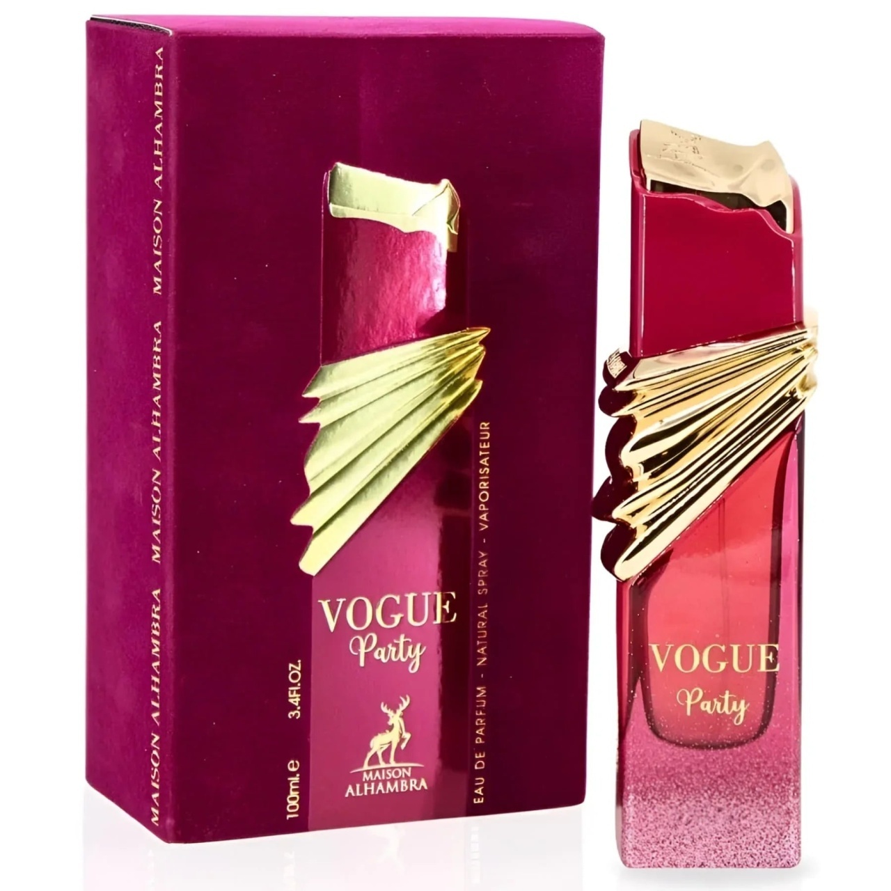 Produs real Alhambra Vogue Party 100 ml cu sticlă roșu roz și cutie burgundy Maison Alhambra