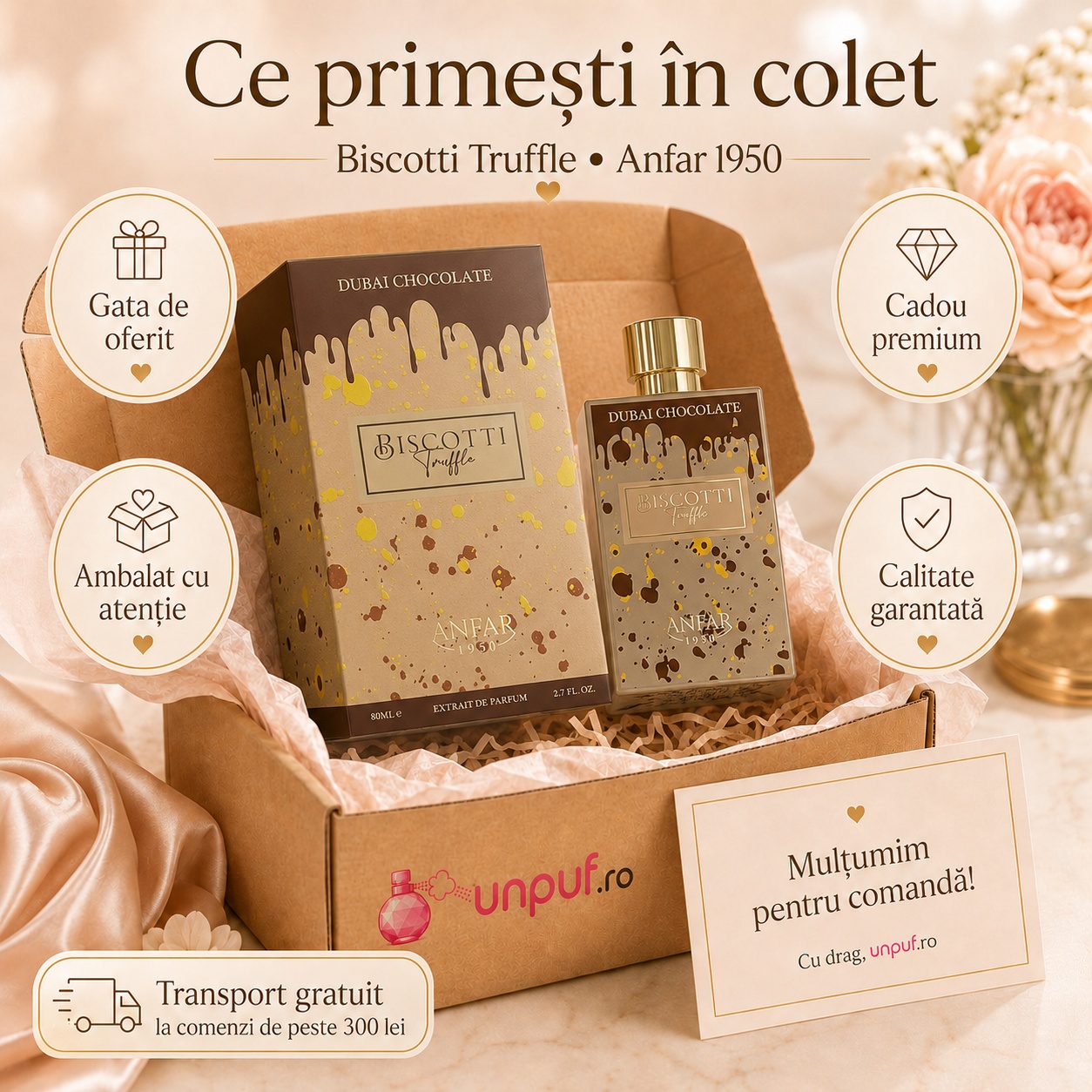 Ce primești în colet la parfumul Anfar 1950 Biscotti Truffle, ambalaj premium UnPuf.ro