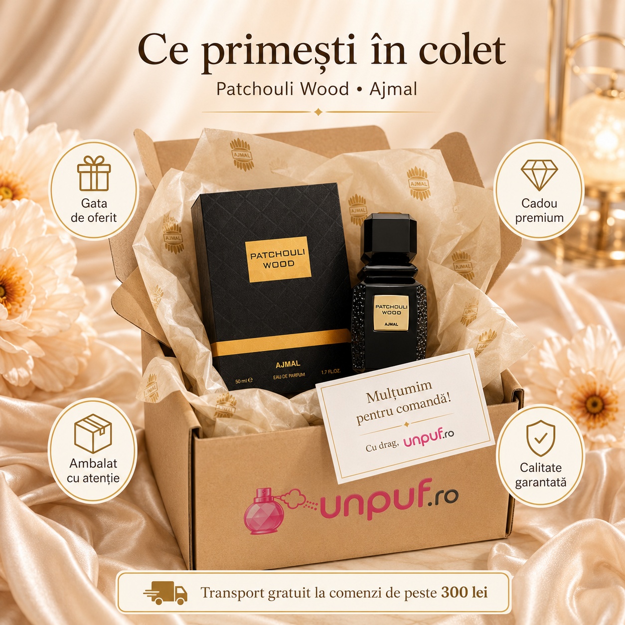 Ce primești în colet Ajmal Patchouli Wood 50 ml, parfum original, ambalare atentă și transport gratuit peste 300 lei