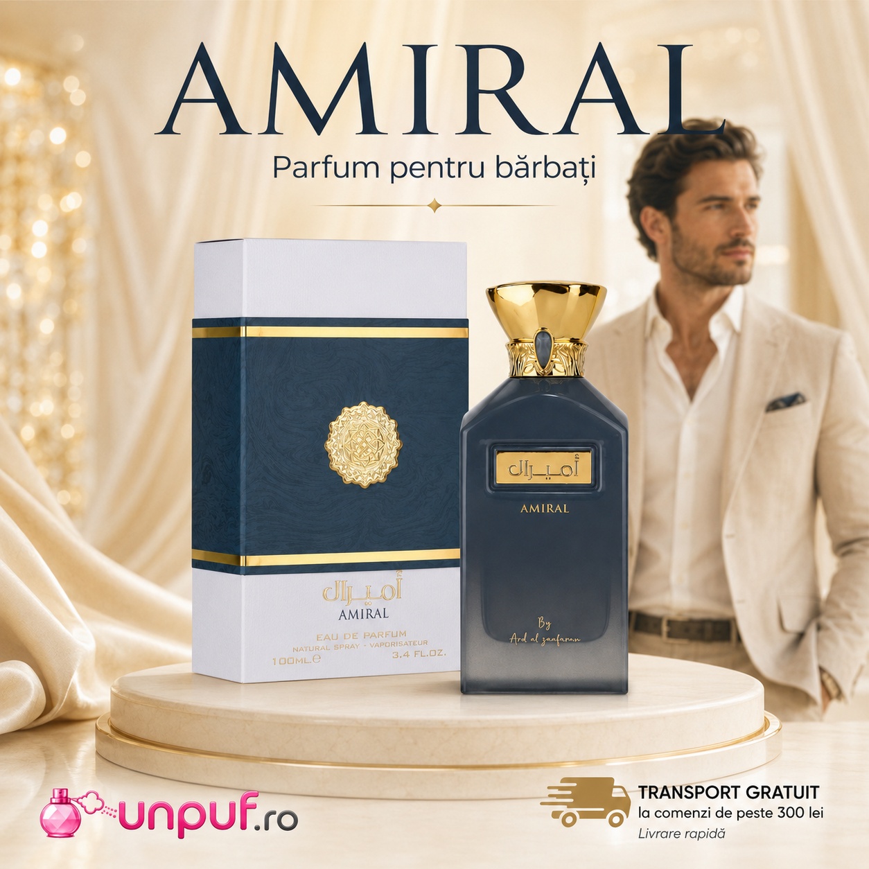 Amiral Ard Al Zaafaran parfum pentru bărbați cu flacon bleu gri, cutie albastru marin și detalii aurii premium