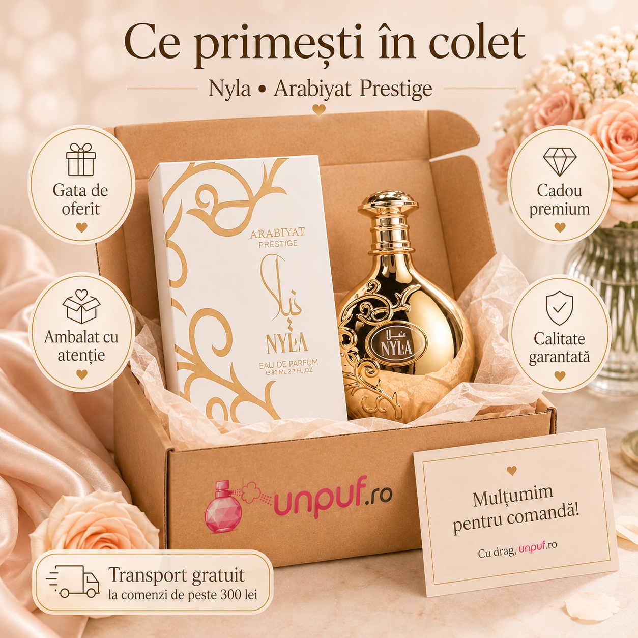 Ce primești în colet la parfumul Arabiyat Prestige Nyla, ambalaj premium UnPuf.ro