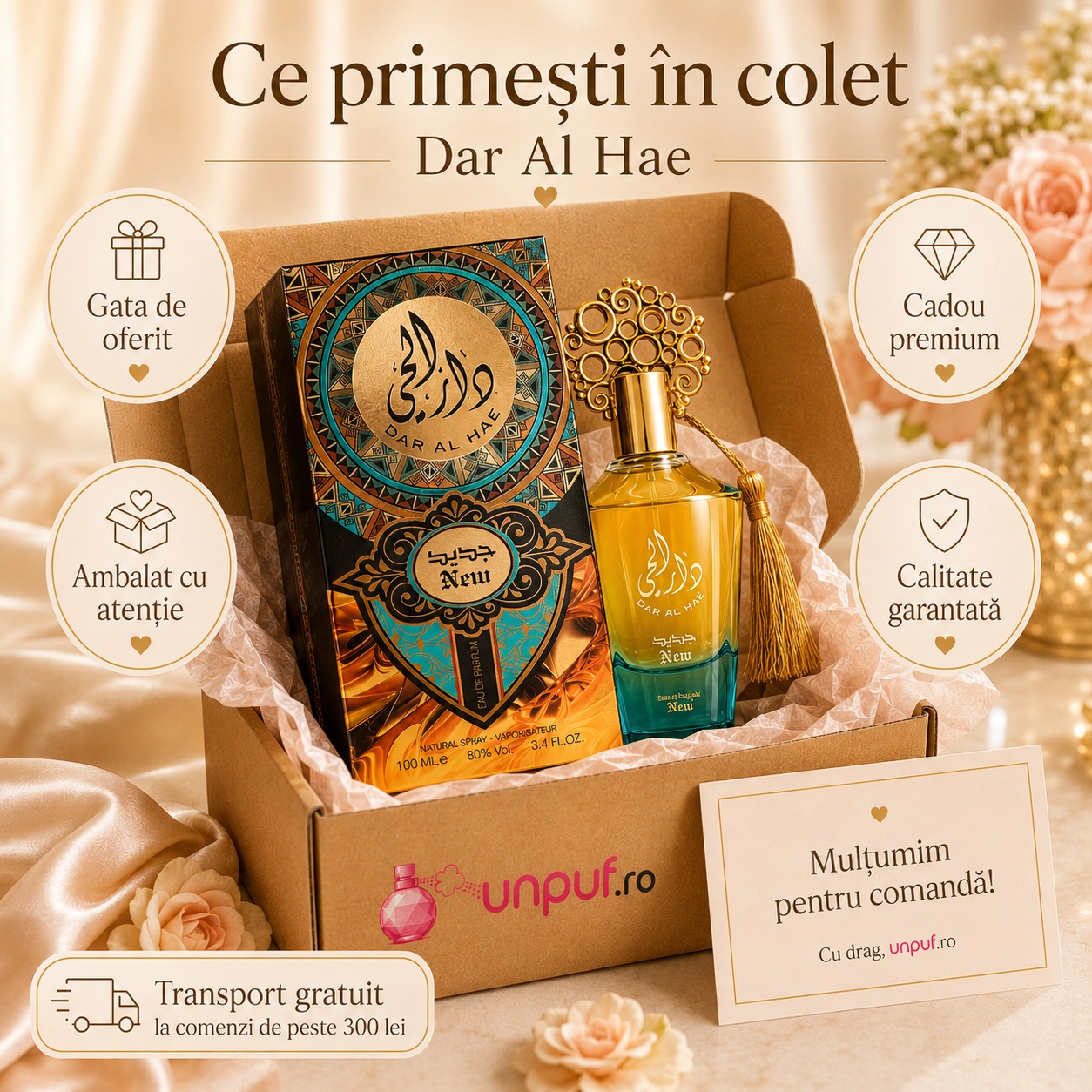Ce primești &icirc;n colet Dar Al Hae New Ard Al Zaafaran 100 ml parfum arăbesc ambalat cu atenție pentru cadou premium