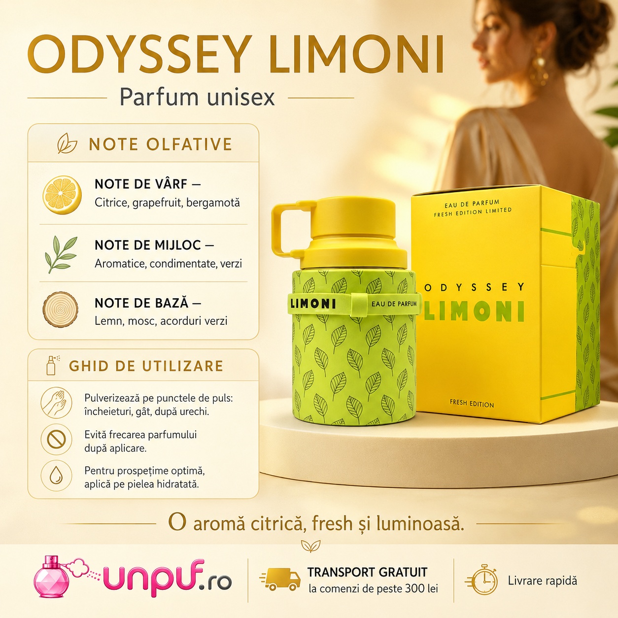 Profil olfactiv Armaf Odyssey Limoni Fresh Edition cu note citrice, marine, aromatice și moscate