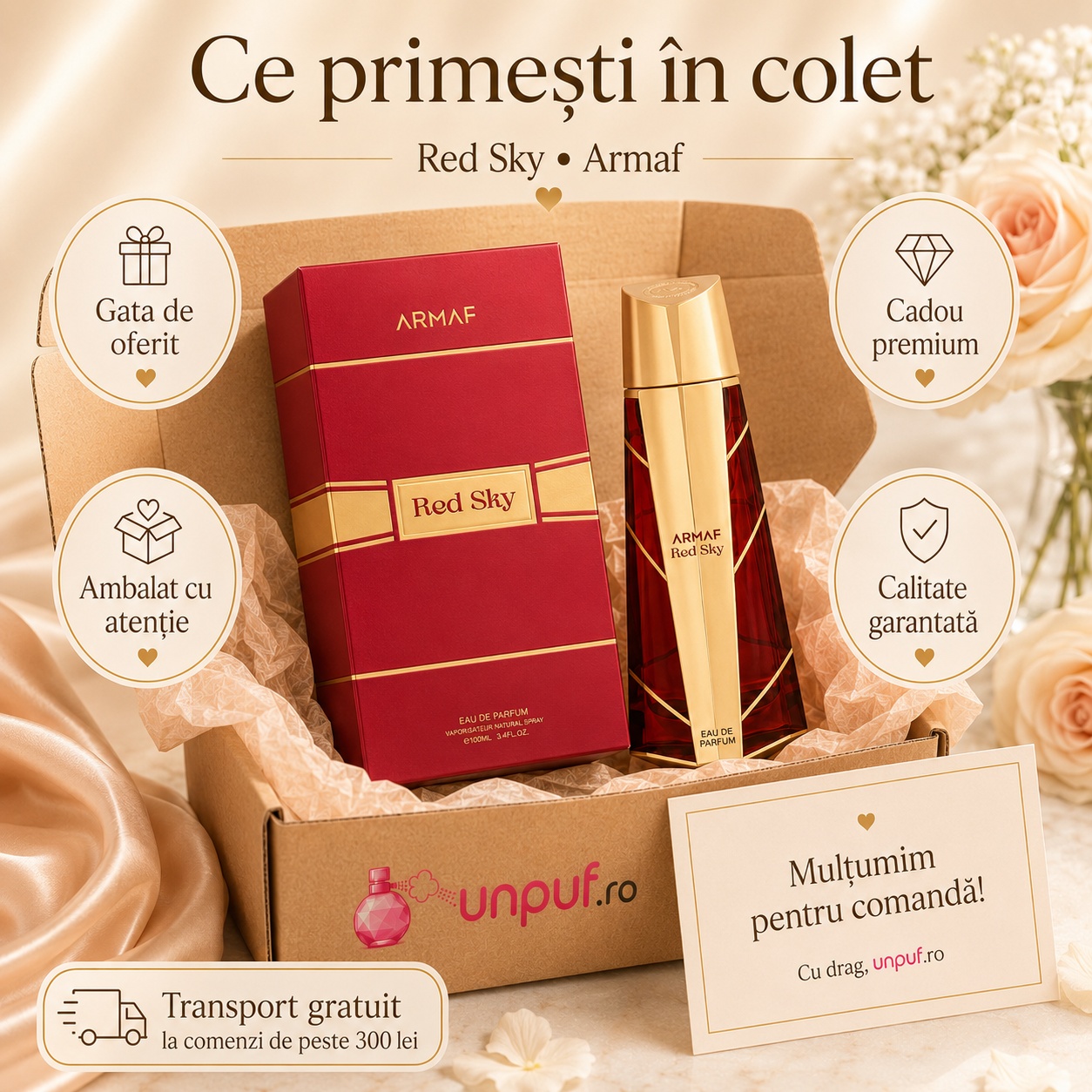 Ce primești &icirc;n colet Armaf Red Sky 105 ml parfum original cutie premium și ambalare atentă