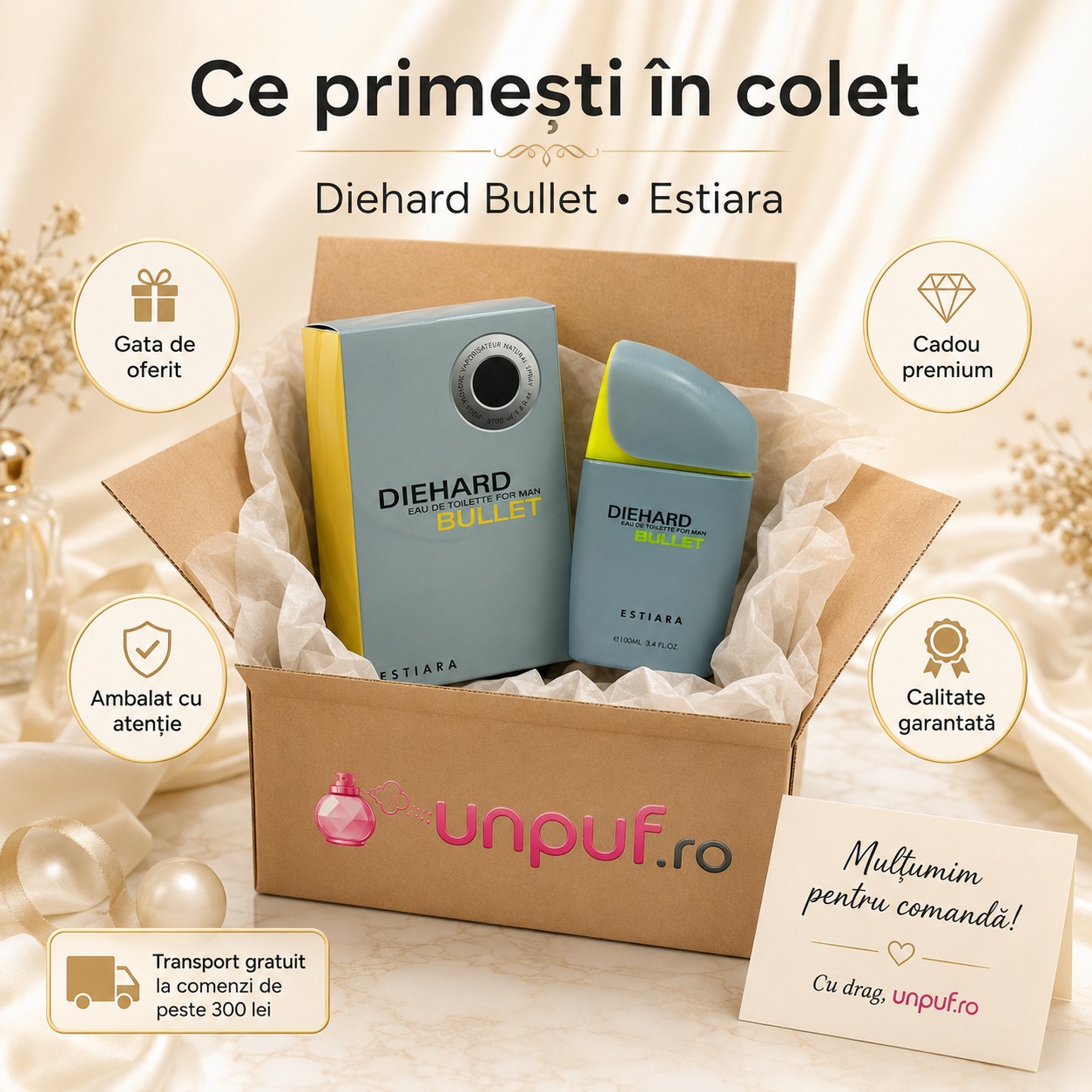 Ce primești în colet la parfumul Estiara Die Hard Bullet With Sleeve, ambalaj premium UnPuf.ro