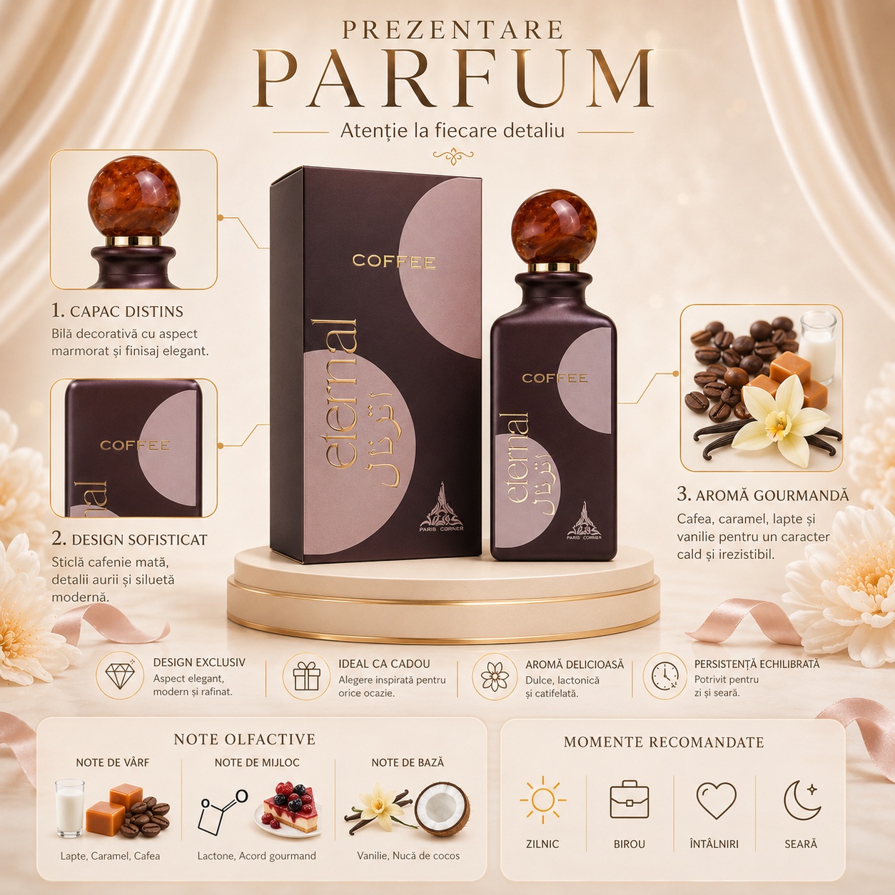 Prezentare Eternal Coffee Paris Corner cu capac distins, design sofisticat, aromă gourmandă, cafea, caramel, lapte, vanilie și persistență echilibrată