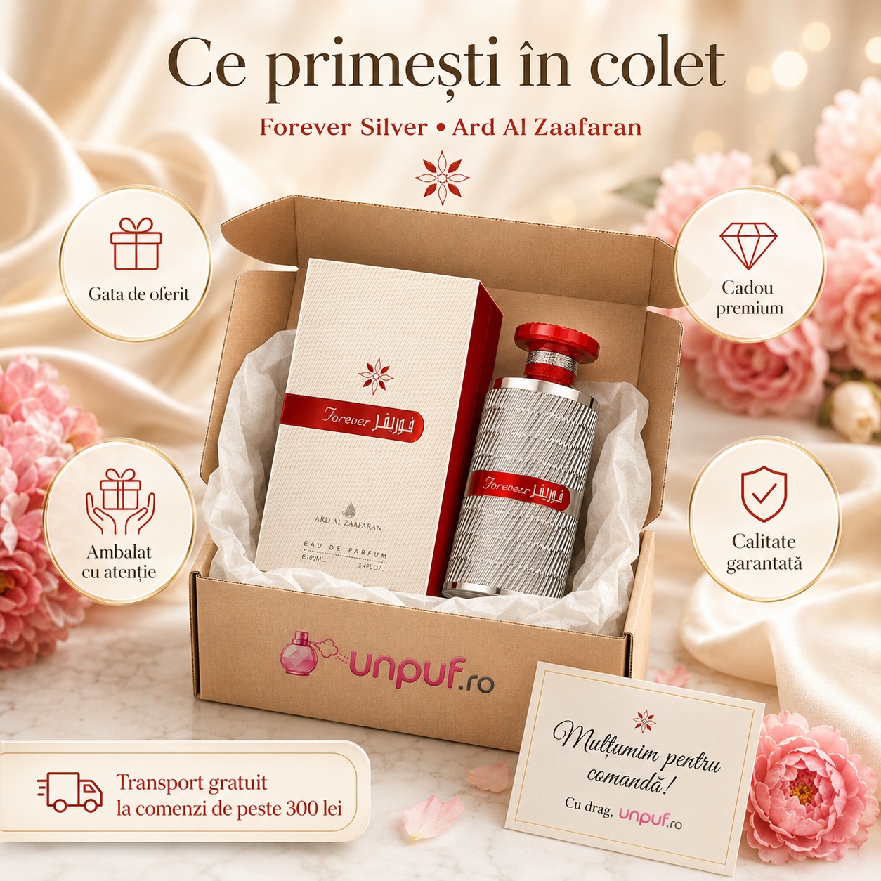 Ce primești &icirc;n colet Forever Silver Ard Al Zaafaran 100 ml parfum original, cutie premium, ambalare atentă, cadou premium și calitate garantată