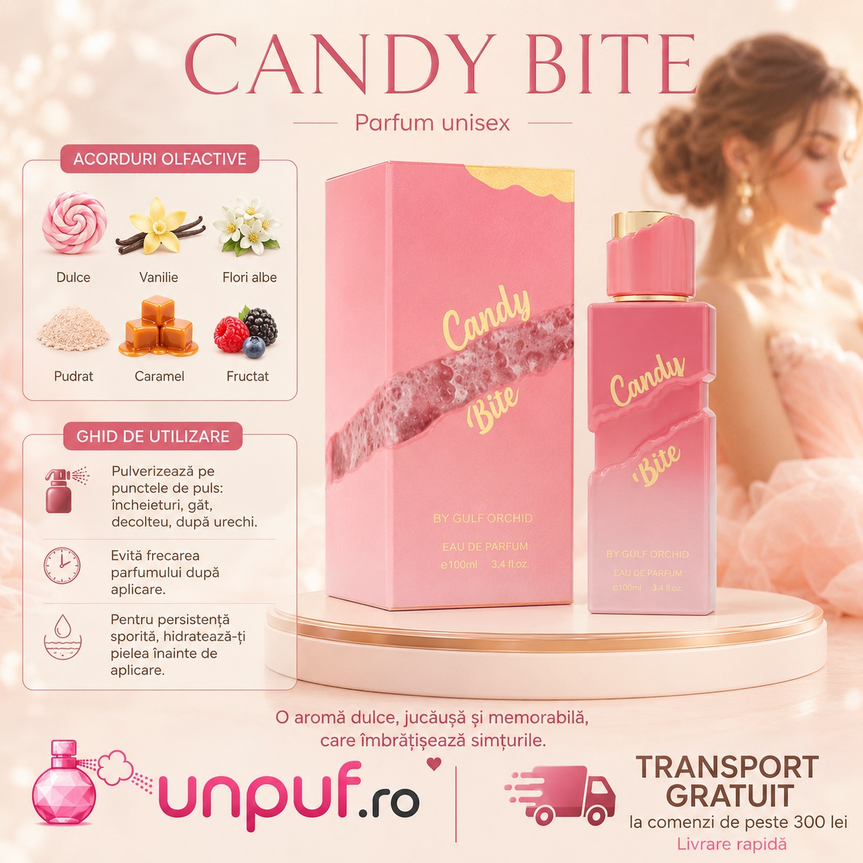 Profil olfactiv Gulf Orchid Candy Bite cu acorduri dulci, vanilate, fructate, florale și zaharoase
