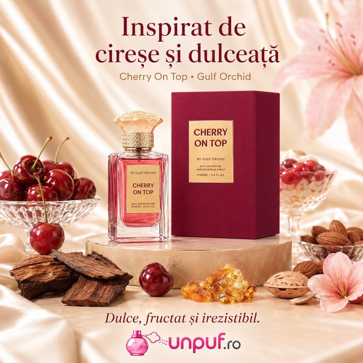 Profil gourmand Gulf Orchid Cherry On Top cu cireșe, migdale, lemn, note balsamice, ambrate și condimentate