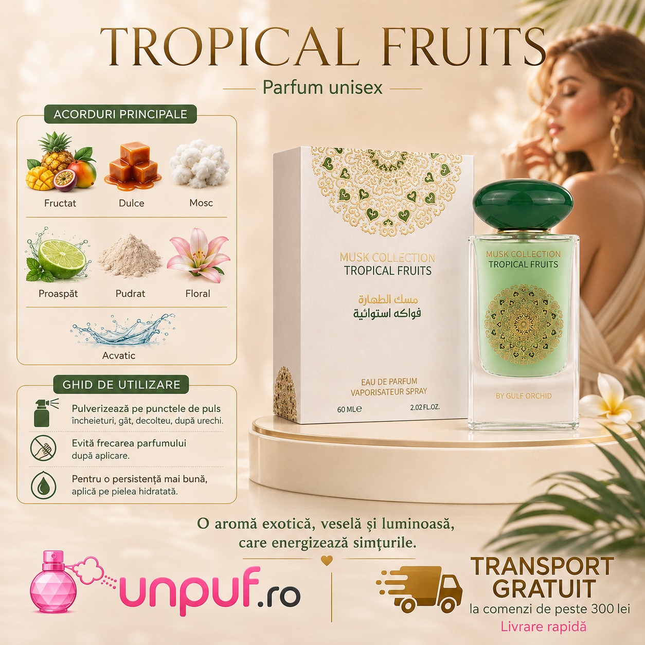 Profil olfactiv Gulf Orchid Tropical Fruits cu note fructate, dulci, proaspete, pudrate, florale și moscat curate