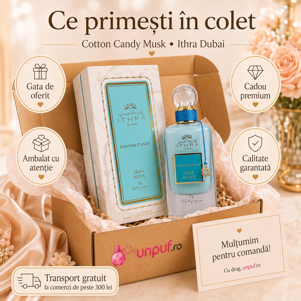 Ce primești &icirc;n colet Ithra Dubai Cotton Candy Musk 100 ml parfum original, cutie premium, ambalare atentă, cadou premium și calitate garantată