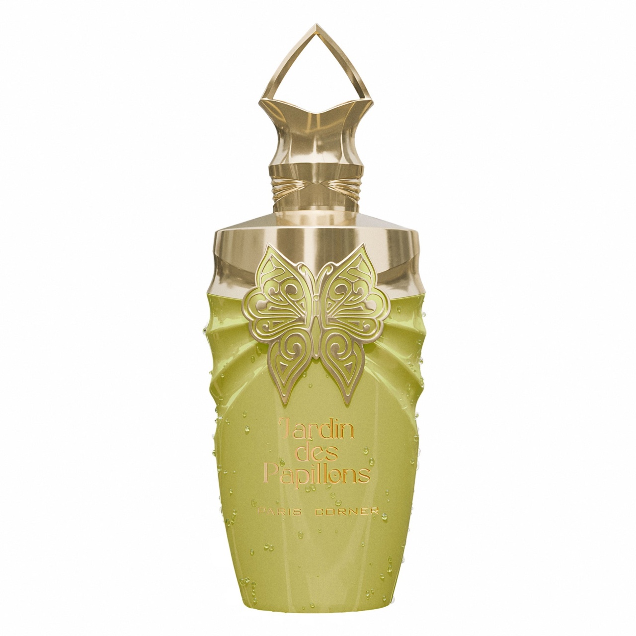 Flacon original Jardin Des Papillons Paris Corner 100 ml verde galben translucid cu ornament fluture auriu și capac sculptural