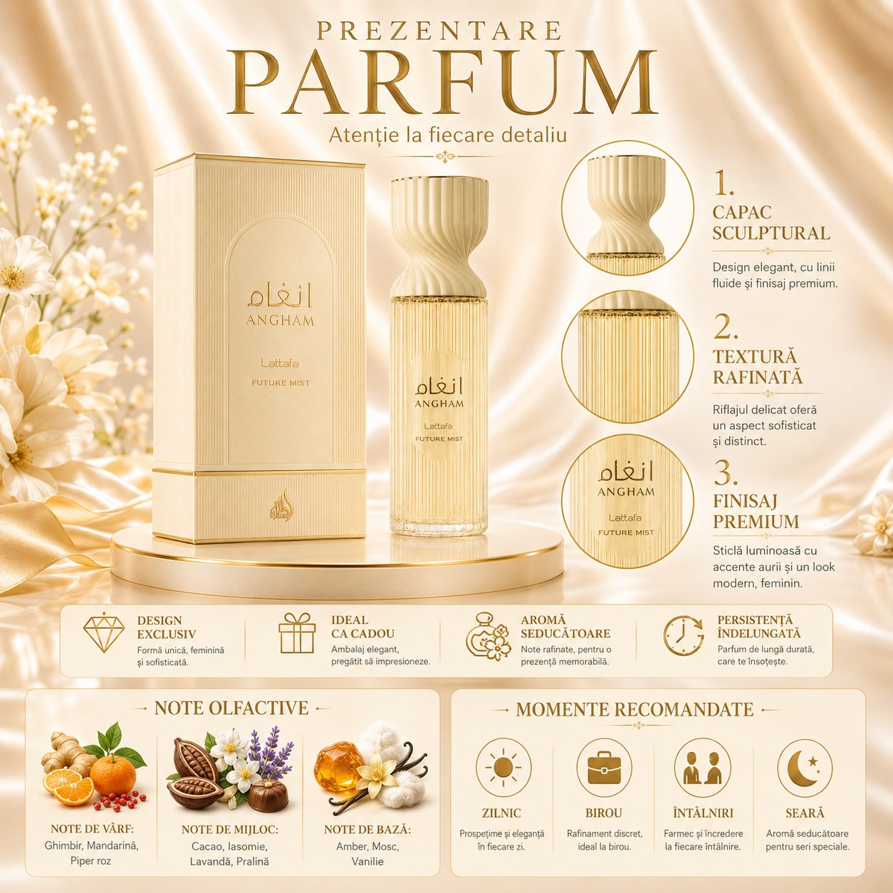 Prezentare parfum Lattafa Angham Mist cu flacon, cutie, note olfactive și momente recomandate