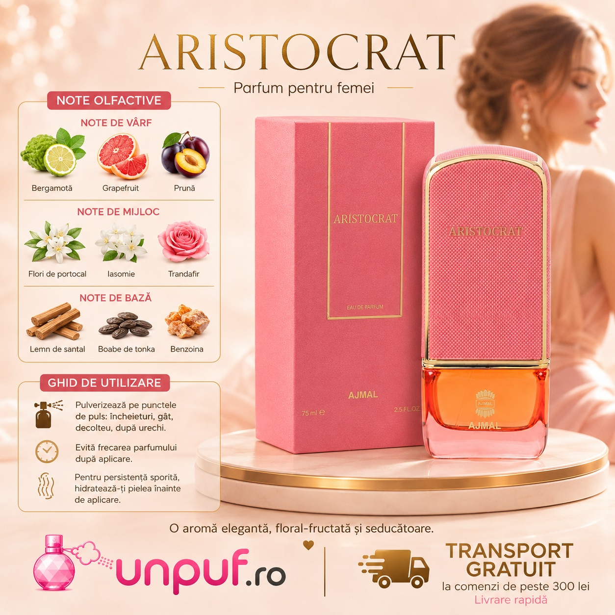 Lattafa Aristocrat Rose parfum cu note olfactive bergamotă grapefruit prună iasomie trandafir santal tonka și benzoină