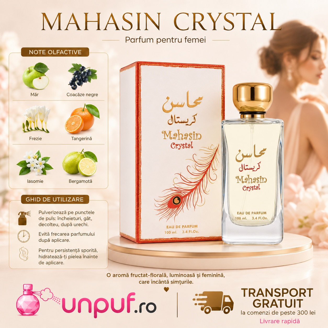Lattafa Mahasin Crystal parfum cu note olfactive măr coacăze negre frezie tangerină iasomie și bergamotă