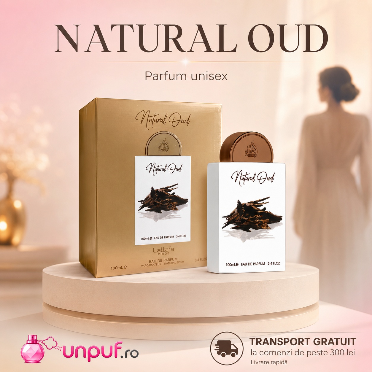 Lattafa Natural Oud parfum 100 ml cu flacon alb și cutie aurie premium