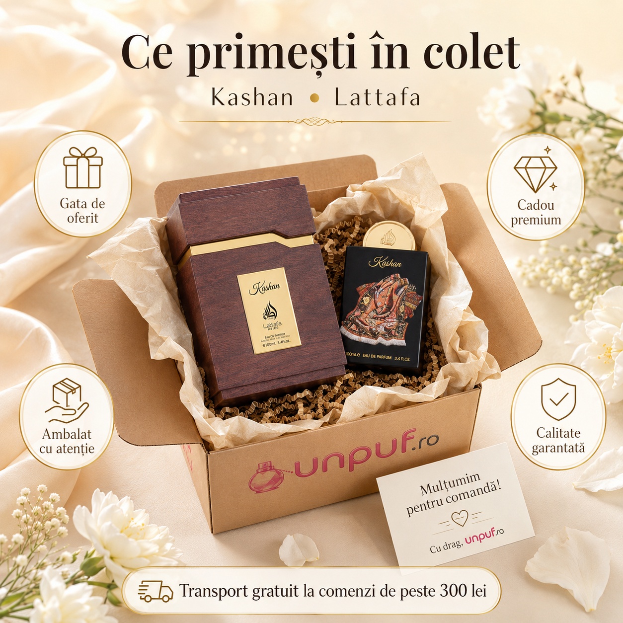 Ce primești &icirc;n colet Lattafa Pride Kashan 100 ml parfum damă ambalat cu atenție cadou premium