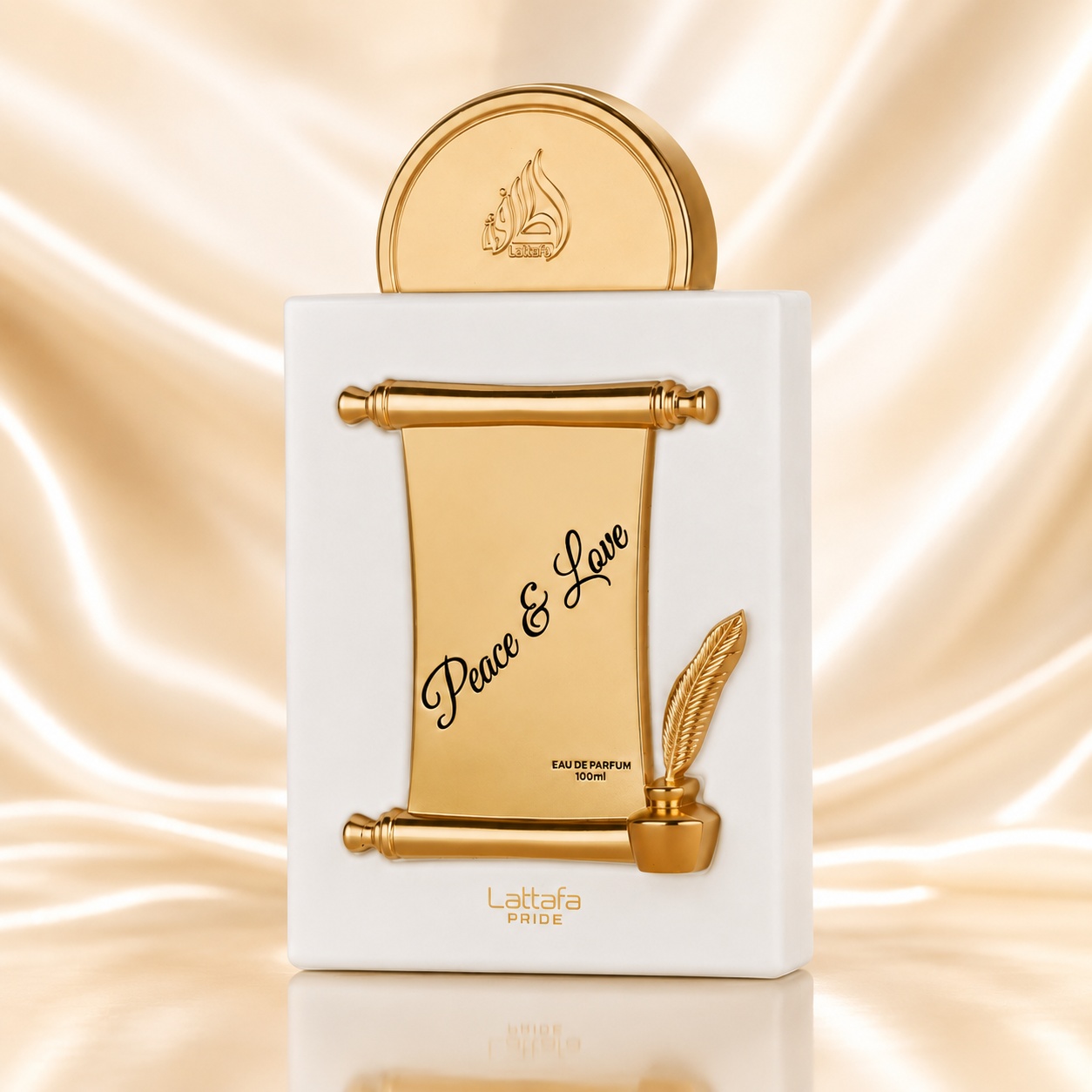Flacon Lattafa Pride Peace & Love 100 ml parfum damă alb cu pergament auriu, pană decorativă și capac auriu