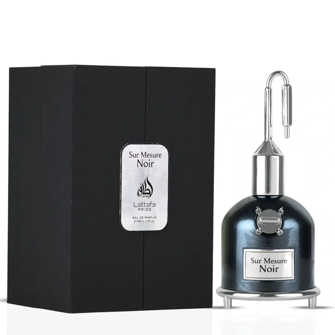 Cutie originală Lattafa Pride Sur Mesure Noir 100 ml și flacon parfum arabesc damă