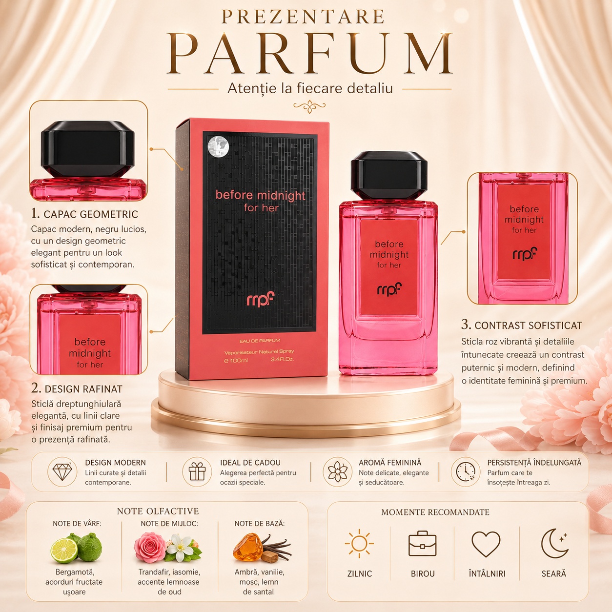 Parfum Arăbesc My Perfumes Before Midnight For Her 100 ml damă Eau de Parfum, sticlă roz coral și cutie negru coral premium