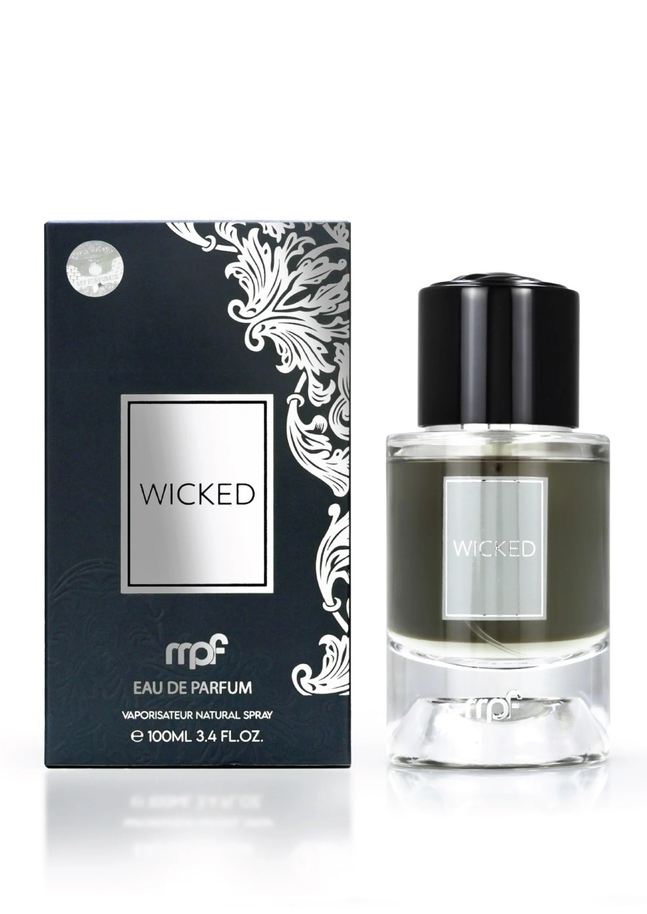 Flacon și cutie My Perfumes Wicked 100 ml pe fundal alb, parfum arabesc damă