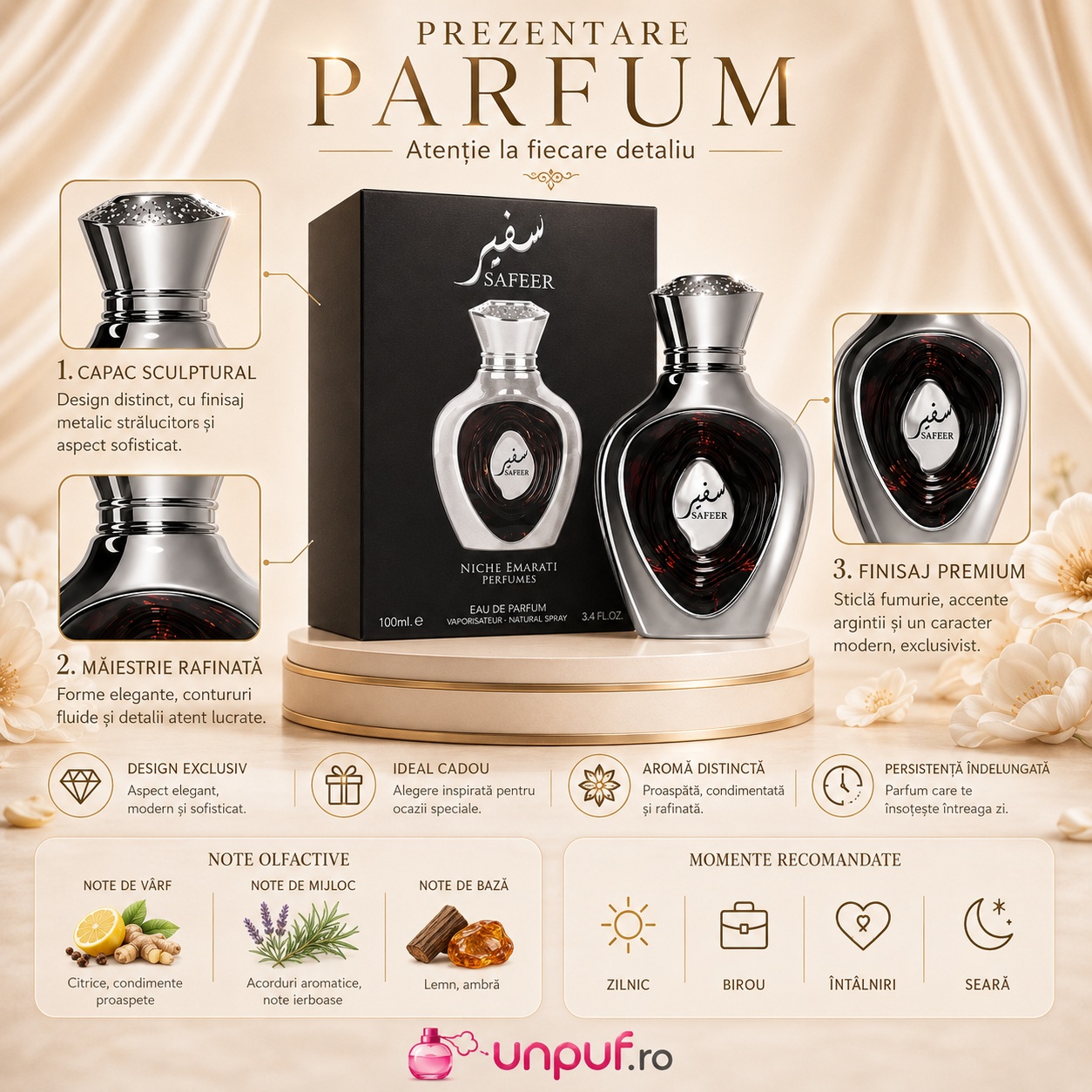 Prezentare parfum Safeer cu detalii de design, note olfactive și momente recomandate