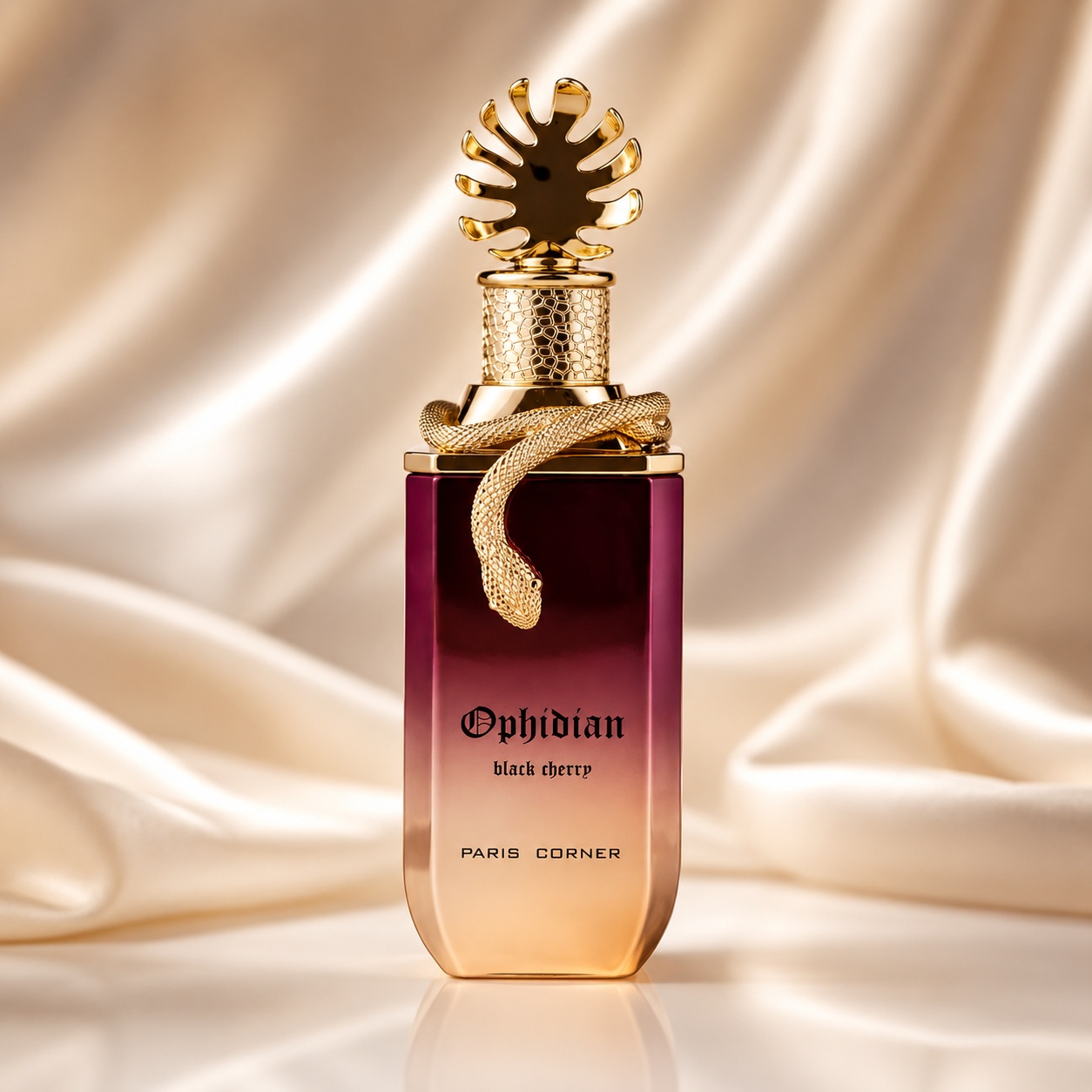 Sticlă parfum Ophidian Black Cherry Paris Corner 100 ml cu design burgundy champagne și capac auriu sculptural