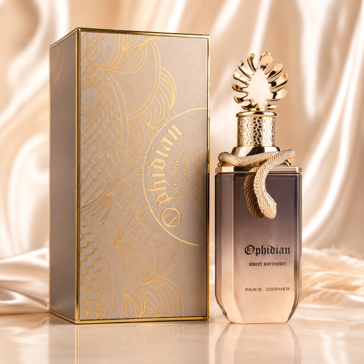 Parfum Arăbesc Ophidian Sweet Surrender Paris Corner 100 ml Apă de Parfum Unisex cu sticlă și cutie champagne aurie