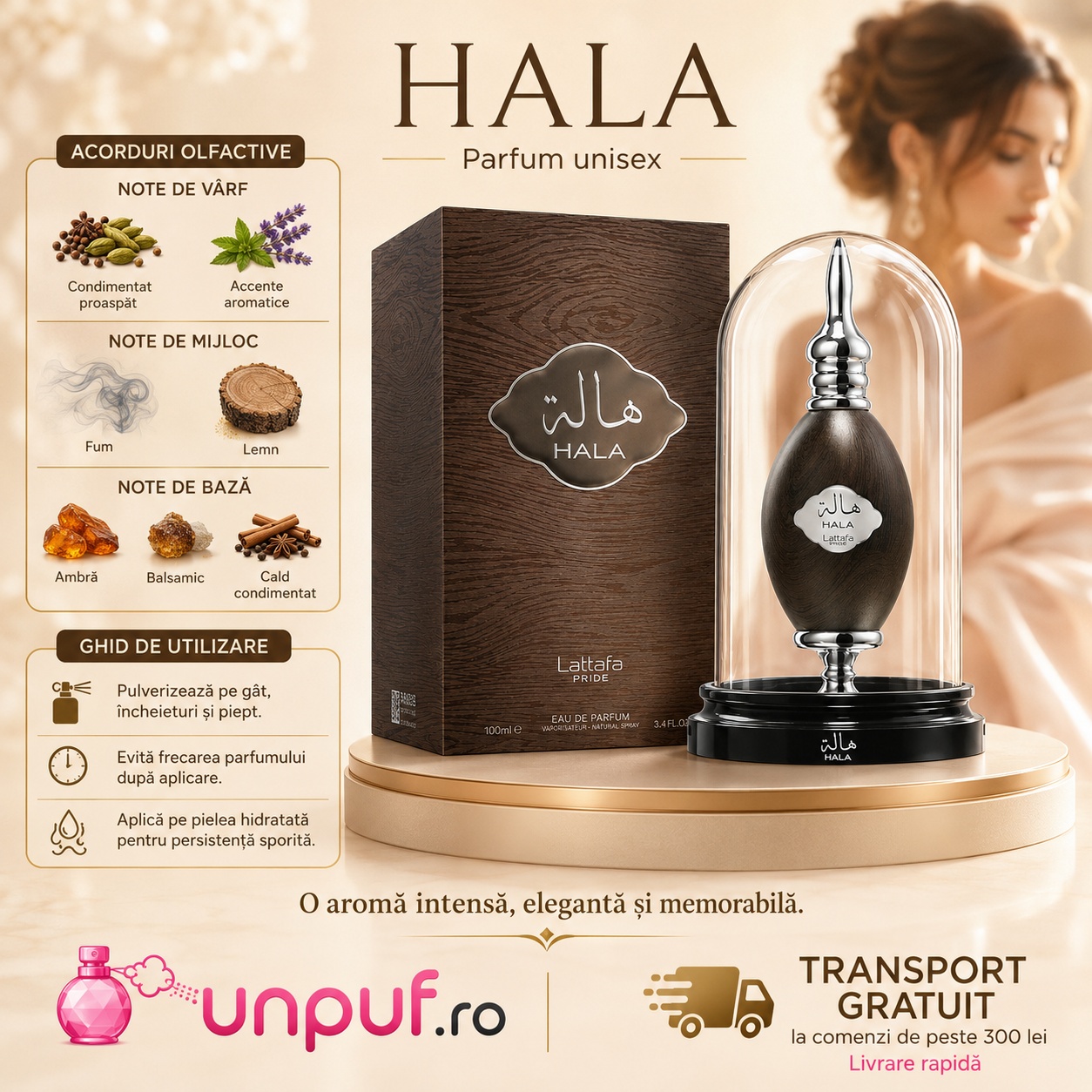 Acorduri olfactive Hala Lattafa Pride: condimentat proaspăt, aromatic, fum, lemn, ambră, balsamic și cald condimentat