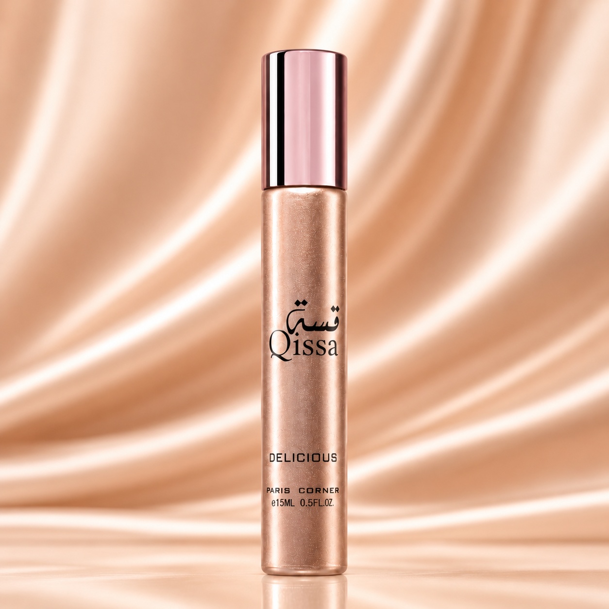Sticlă parfum Qissa Delicious Paris Corner 15 ml roz champagne cu capac metalic elegant