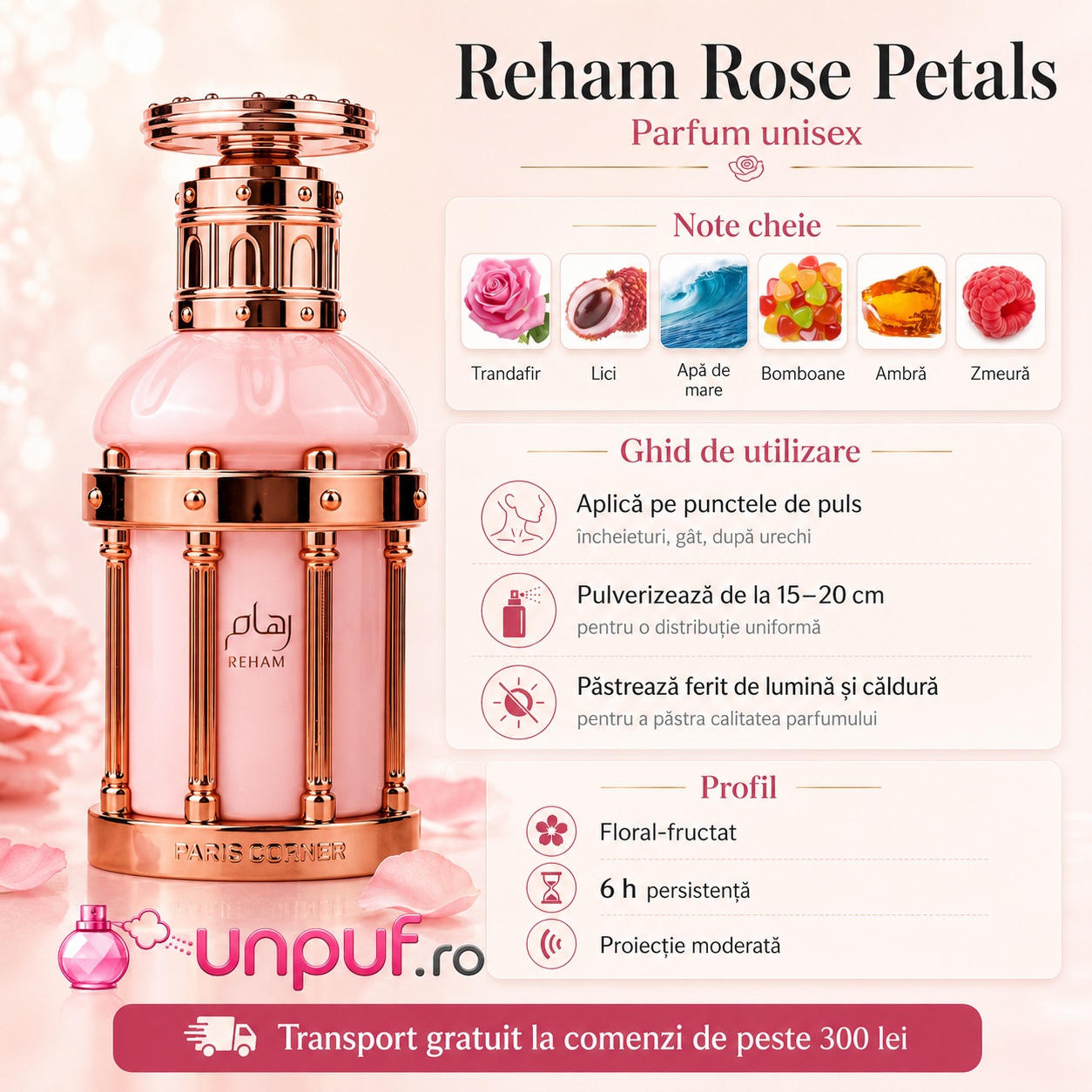 Reham Rose Petals Paris Corner ghid de utilizare note cheie profil floral fructat și transport gratuit