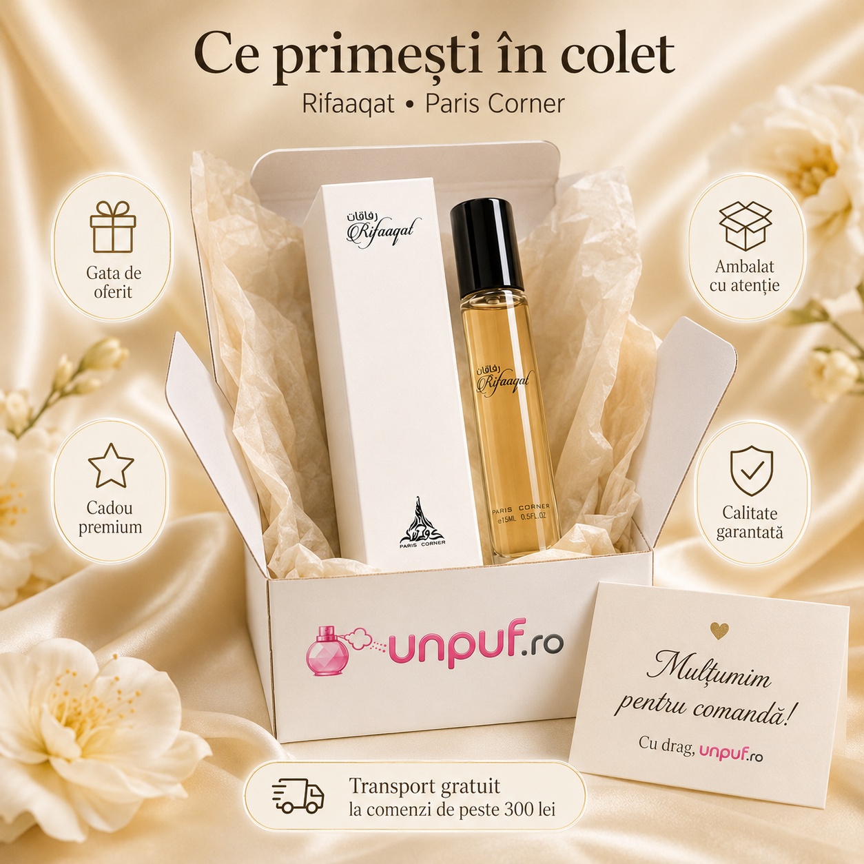 Ce primești &icirc;n colet Parfum Rifaaqat Paris Corner 15 ml ambalat cu atenție gata de oferit cadou