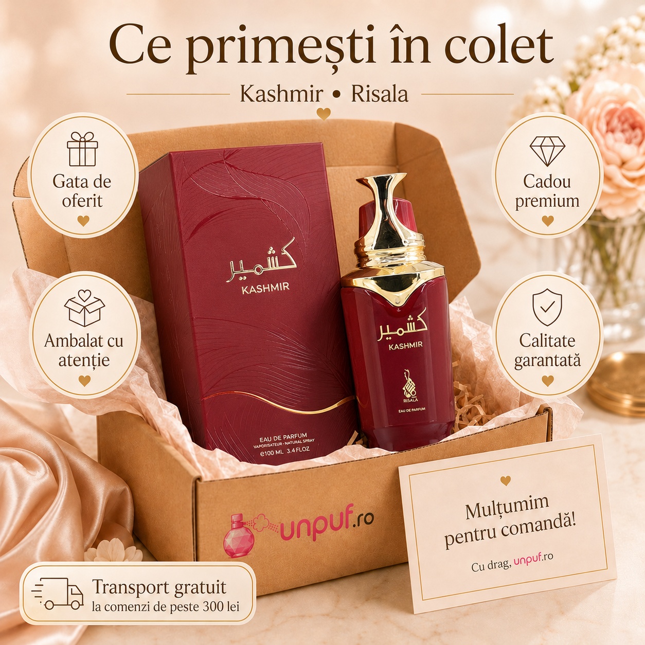 Ce primești în colet la parfumul Kashmir Risala Series, ambalaj premium și card de mulțumire UnPuf.ro