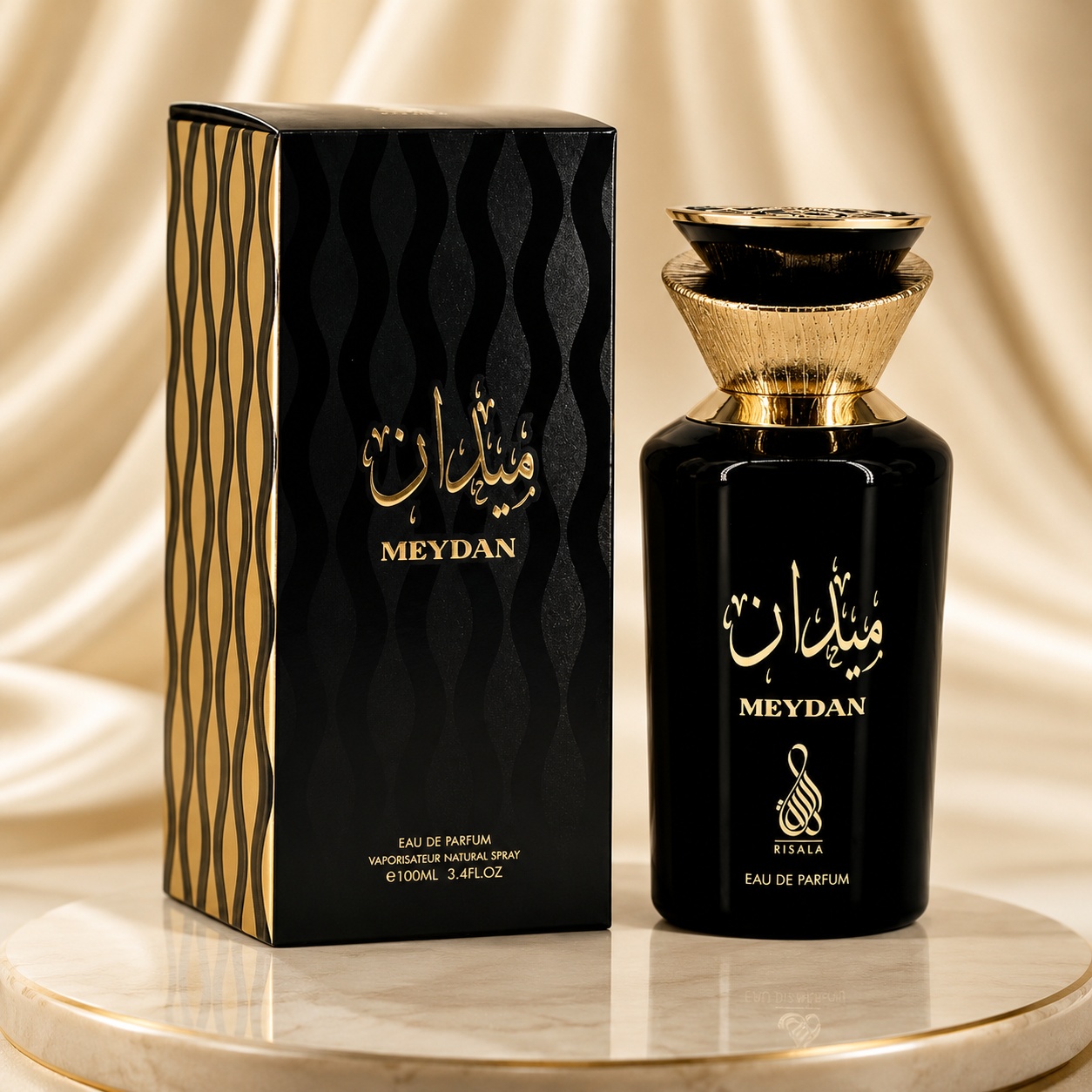Parfum Arăbesc Risala Series Meydan Eau de Parfum 100 ml unisex, sticlă neagră și cutie premium cu detalii aurii