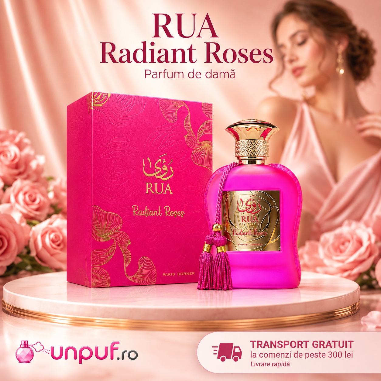 Rua Radiant Roses Paris Corner parfum de damă cu prezentare roz aurie și transport gratuit la comenzi eligibile