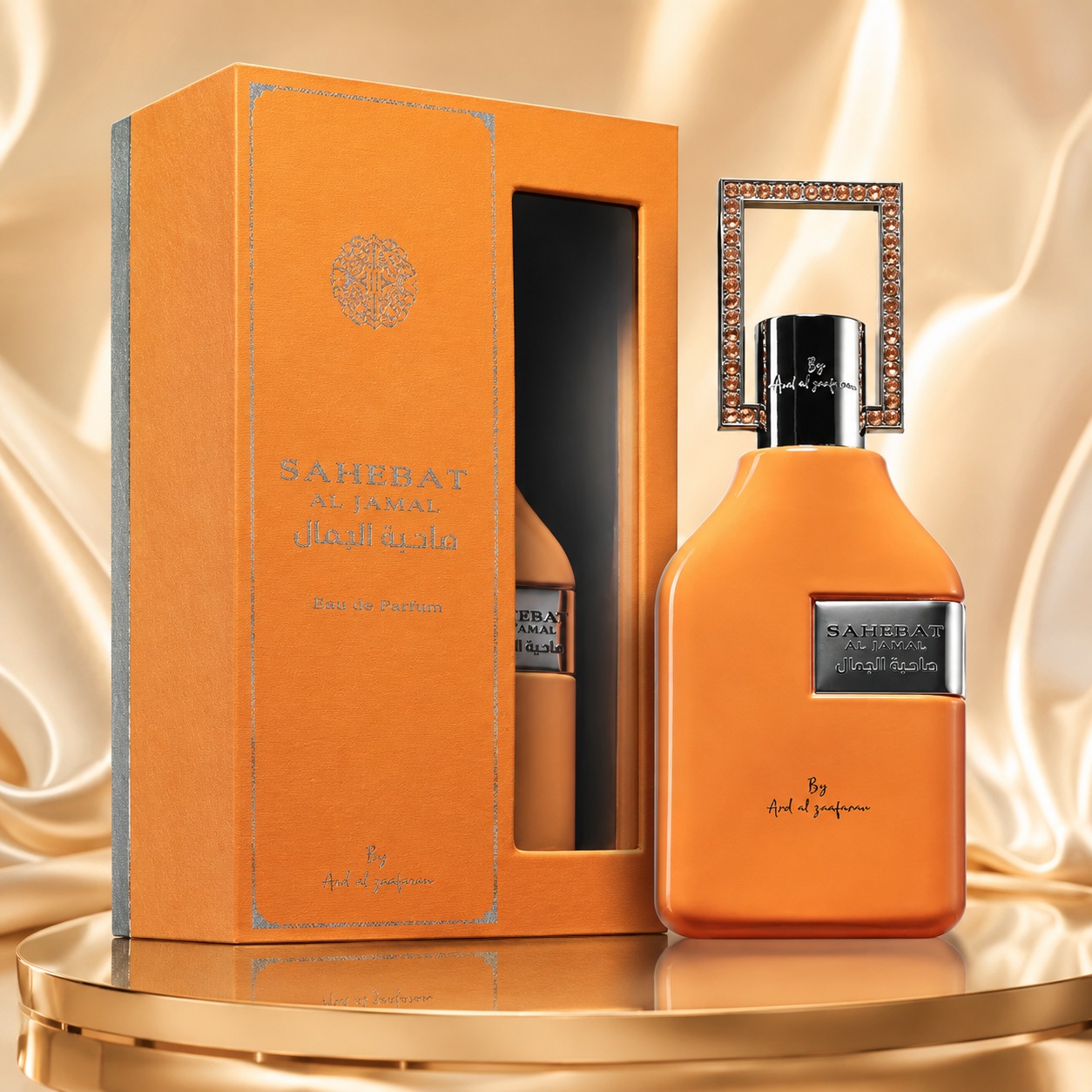 Parfum Arăbesc Sahebat Al Jamal Ard Al Zaafaran 70 ml Apă de Parfum Unisex cu sticlă portocalie și cutie premium
